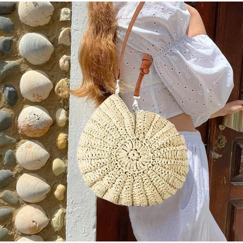 Beige Conch Knit Crossbody Shoulder Bag Pearl Chain Woven Women Classy Sling Bag