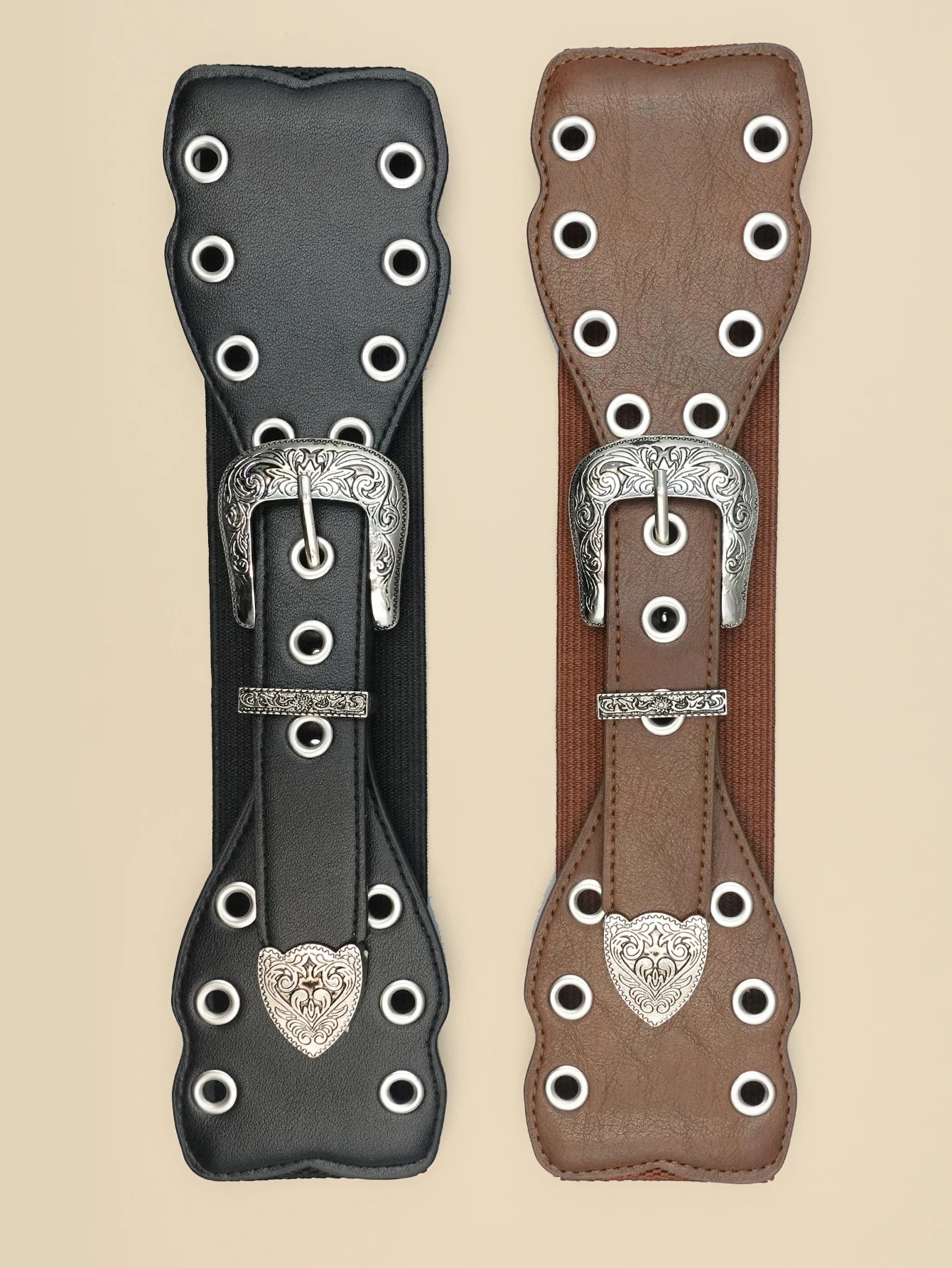 Y2K Style Eyelet Women's Patchwork Belt, Silver Carved Alloy Buckle, Personalized and Fashionable Women's Belt