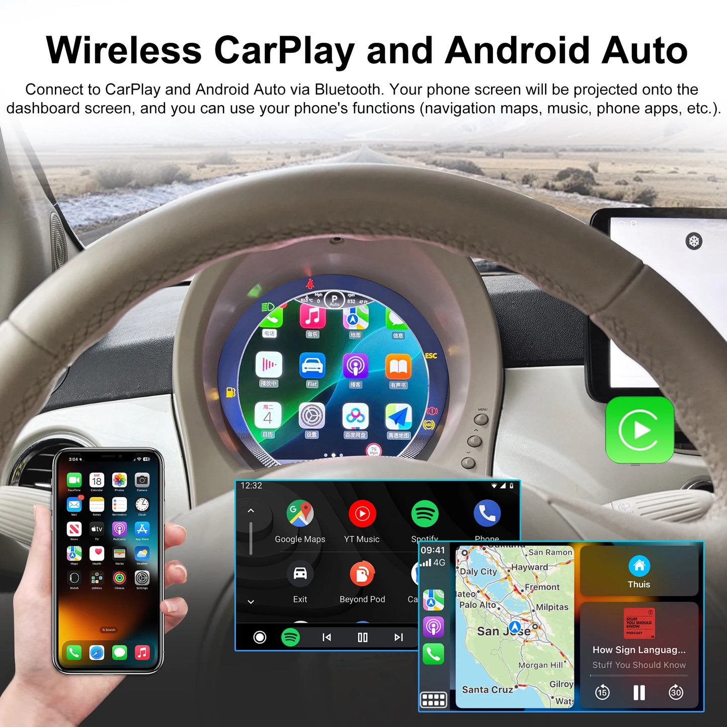 Cluster digital instrument cluster For Fiat 500 2007-2024 LCD instrument panel Speedometer  iOS CarPlay and Android Auto