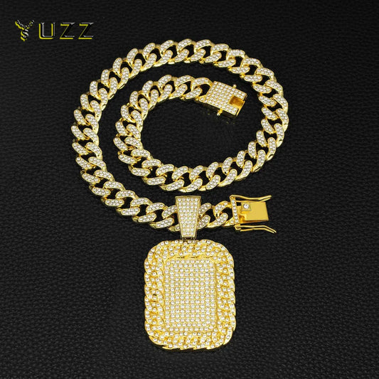 Hip Hop Luxury Big Square Pendant Necklace Set Men's Cuban Chain Iced Out Bling Rock Party Necklaces Birthday Gift Charm Jewelry