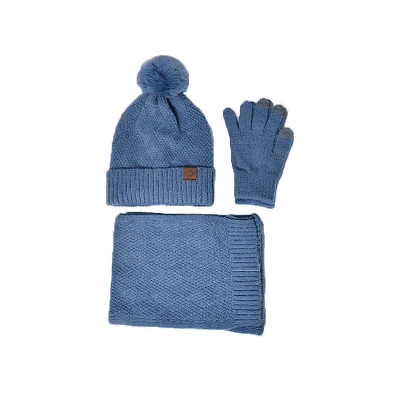 Xinbaoguan 100% Acrylic 9988 Winter Korean Edition Fashion Knitted Wool Warm Hat Scarf Glove 3-Piece Set Ear Protection Hoodie
