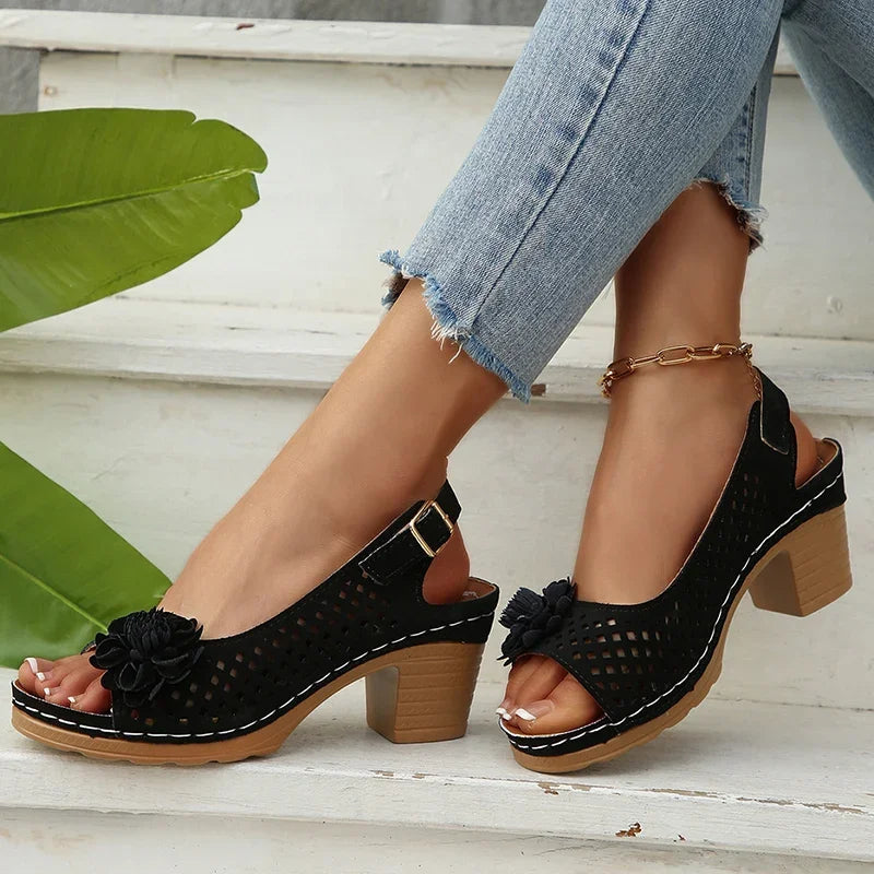 Fashion Flowers High Heels Sandals Women Back Strap Hollow Out Summer Sandles Woman 2025 Plus Size Thick Heeled Sandalias Mujer
