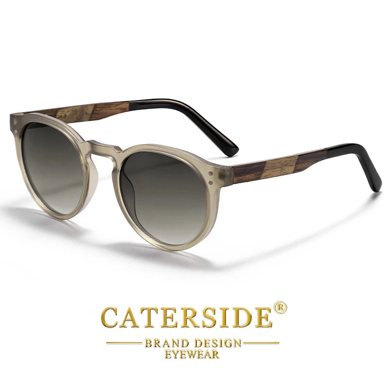 CATERSIDE Men's Round Sunglasses Solid Wood Temple High-Quality Spring Hinge Sun Glasses Women's Party Travel Eyewear UV400