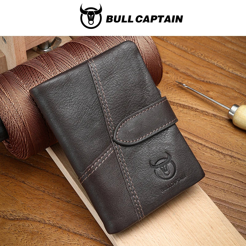 BULLCAPTAIN Men's Genuine Leather Wallet Retro Casual Snap Tri-fold Cash Clip RFID Anti-Theft Card Holder Detachable Coin Holder