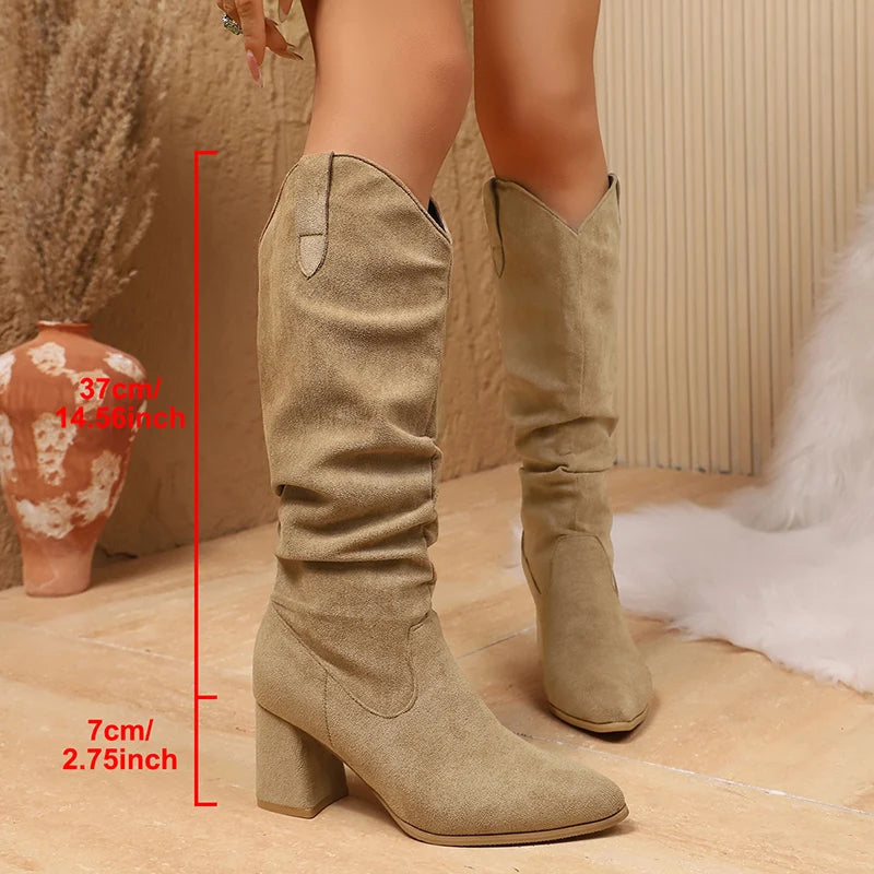 Flock Chunky Heel Knee High Boots Women Plus Size 35-42 Fleece Lining Long Boots Woman Slip On Faux Suede High Heels Botas Mujer