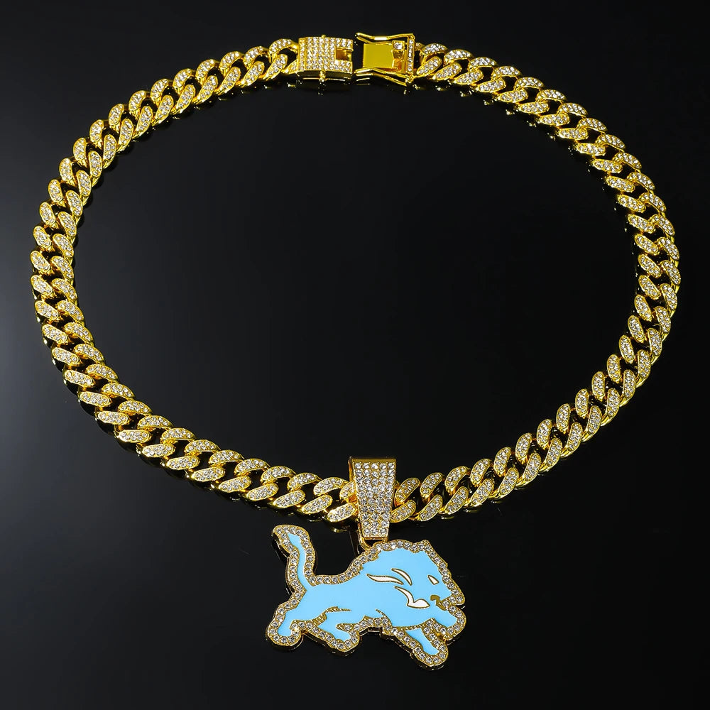 Men Women Hip Hop Blue Wolf Pendant Necklace With 13mm Crystal Cuban Chain HipHop Iced Out Bling Necklaces Fashion Charm Jewelry