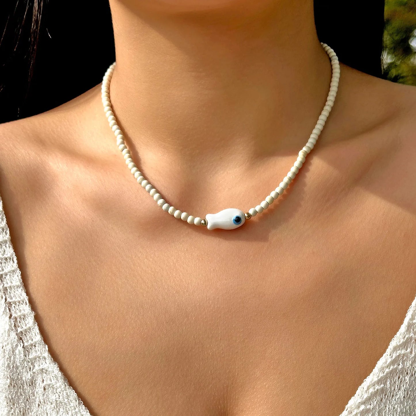 Boho Colorful Acrylic Beaded Choker Necklace for Women Girls Y2K Sweet Cute Ceramic Fish Pendant Necklace Summer Beach Jewelry