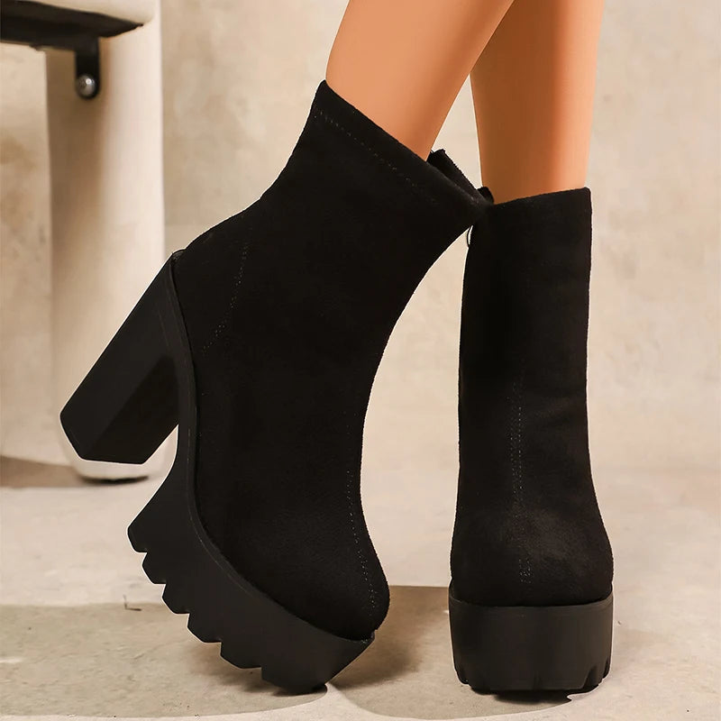 Black Chunky High Heels Boots for Women Plus Size 43 Zipper Thick Heel Ankle Boots Woman 2026 Platform Punk Gothic Botas Mujer