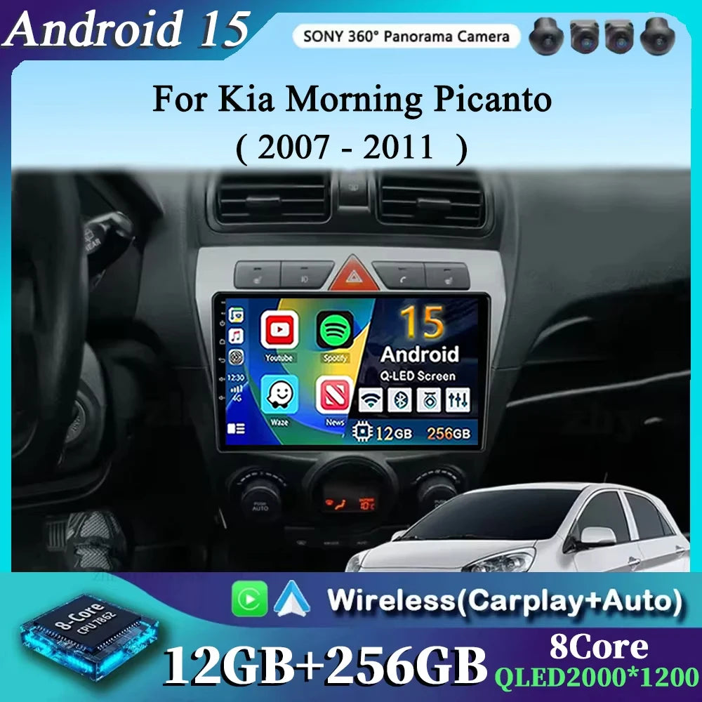 For Kia Morning Picanto 2007 - 2011 2K 12+256 QLED Android 15 CarPlay Car Radio Multimedia Video Player GPS stereo Head Unit