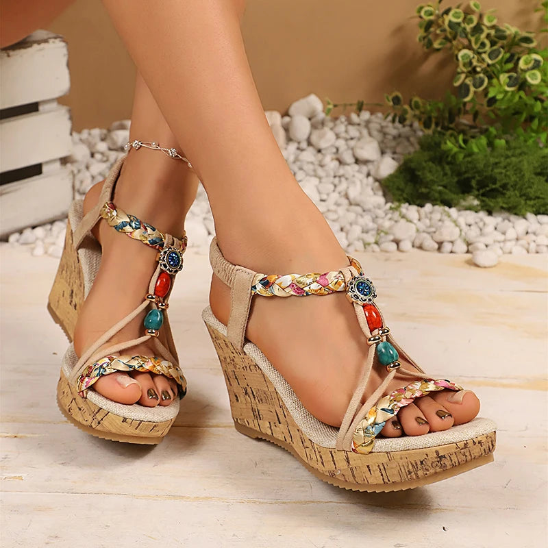 Plus Size 43 Chunky Wedges Bohemian Sandals Women 2026 Summer Beads Non Slip Platform Sandles Woman Elastic Band Rome Sandalias