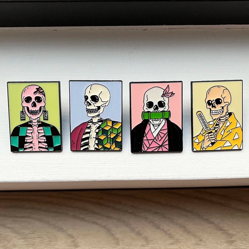 4pcs Demon Slayer Anime Punk Skeleton Character Brooches Set for Backpack Bag Jewelry Halloween Themed Gift