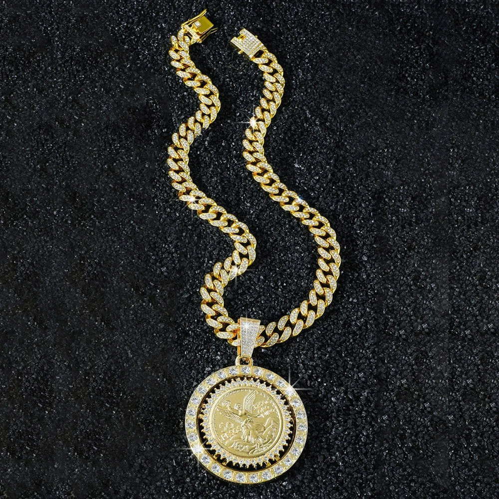 Men Hip hop Iced out Bling Rotatable Rotundity Medal Pendant Necklace 13mm Cuban Chain Hiphop Necklaces Fashion Charm Jewelry