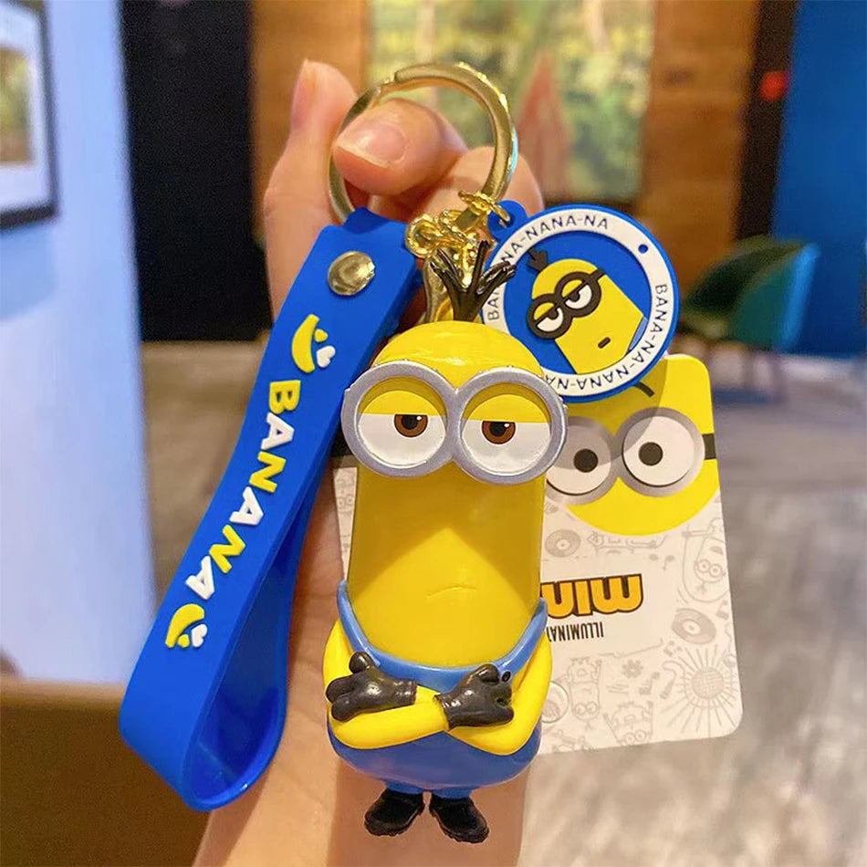 Kawai Minions Keychain Cartoon Toys Model Silicone Pendant Keyring Cosplay Hold