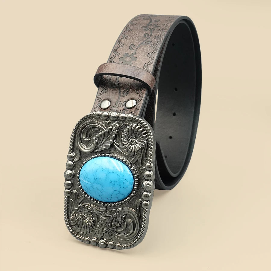 Brown Vintage Western Women's Belt - Carved Blue Turquoise Buckle, Versatile for Dresses, Jeans & Shirts