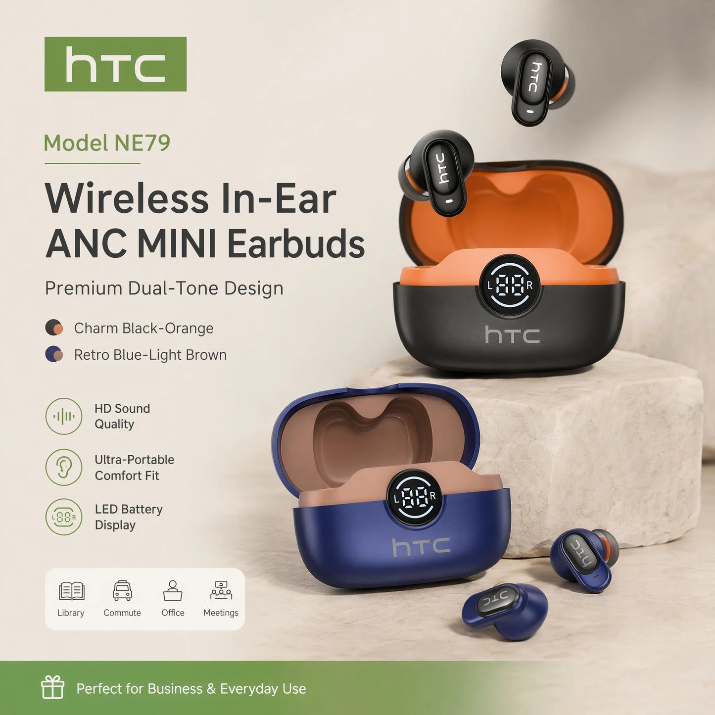 HTC NE79 Bluetooth Earphones Comfort Wireless Headphones Premium Sound Quality Sports Gaming Long Battery Soft In-ear Earbuds