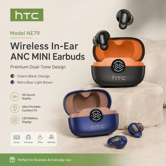 HTC NE79 Bluetooth Earphones Comfort Wireless Headphones Premium Sound Quality Sports Gaming Long Battery Soft In-ear Earbuds