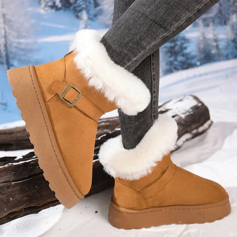 Furry Thick Warm Snow Boots Women Retro Buckle Detor Slip On Snow Boots Woman Winter Yellow Brown Platform Booties Female