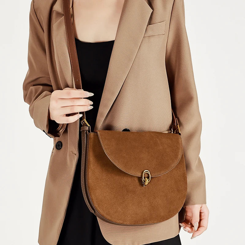 Genuine Cowhide Leather Saddle Bag for Women Large capacity Crossbody Bag Suede Leather Shoulder Bag with Gold Buckle Closure