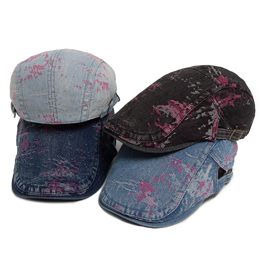 Spring Fashion Print Denim Women's Beret Summer Cotton Breathable Soft Top Sun Visor Hat Men Flat Cap Newsboy Caps Adjustable