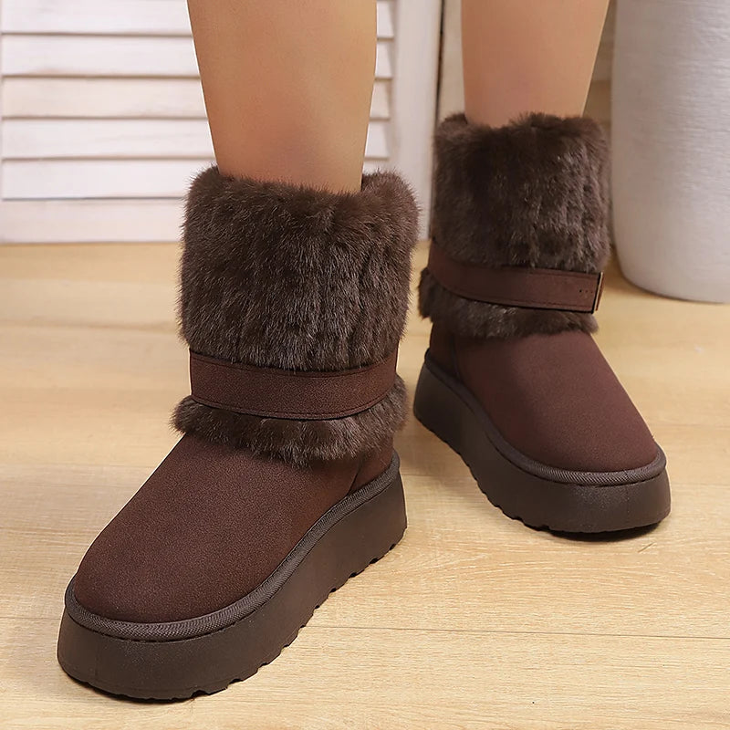 Fluffy Fur Non Slip Snow Boots Women Fashion Buckle Thick Bottom Warm Ankle Boots Woman Faux Fur Platform Winter Booties 36-43