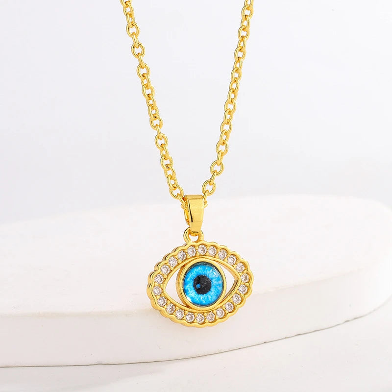 Minimalist Dainty Zircon Evil Eye Necklace for Women Gold Plated Stainless Steel Chain Blue Eye Pendant Daily Wear Jewelry Gift