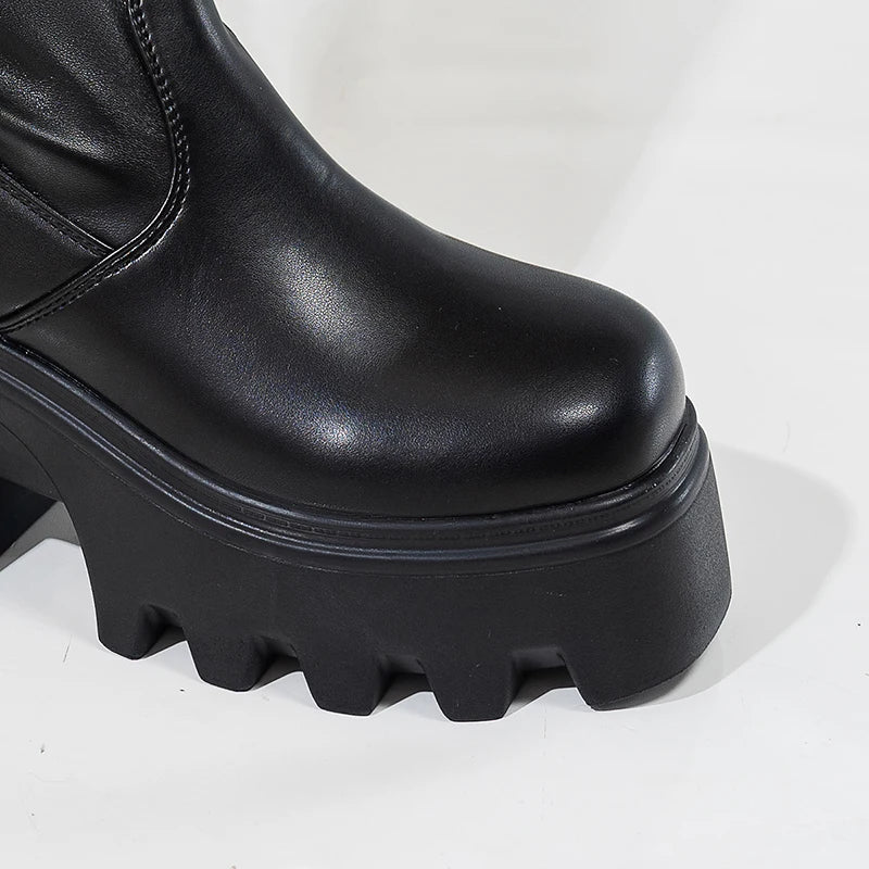 Chunky Platform Over The Knee Boots Women Thick Heel Pu Leather Slim Long Boots Woman Plus Size 43 High Heeled Goth Punk Botas