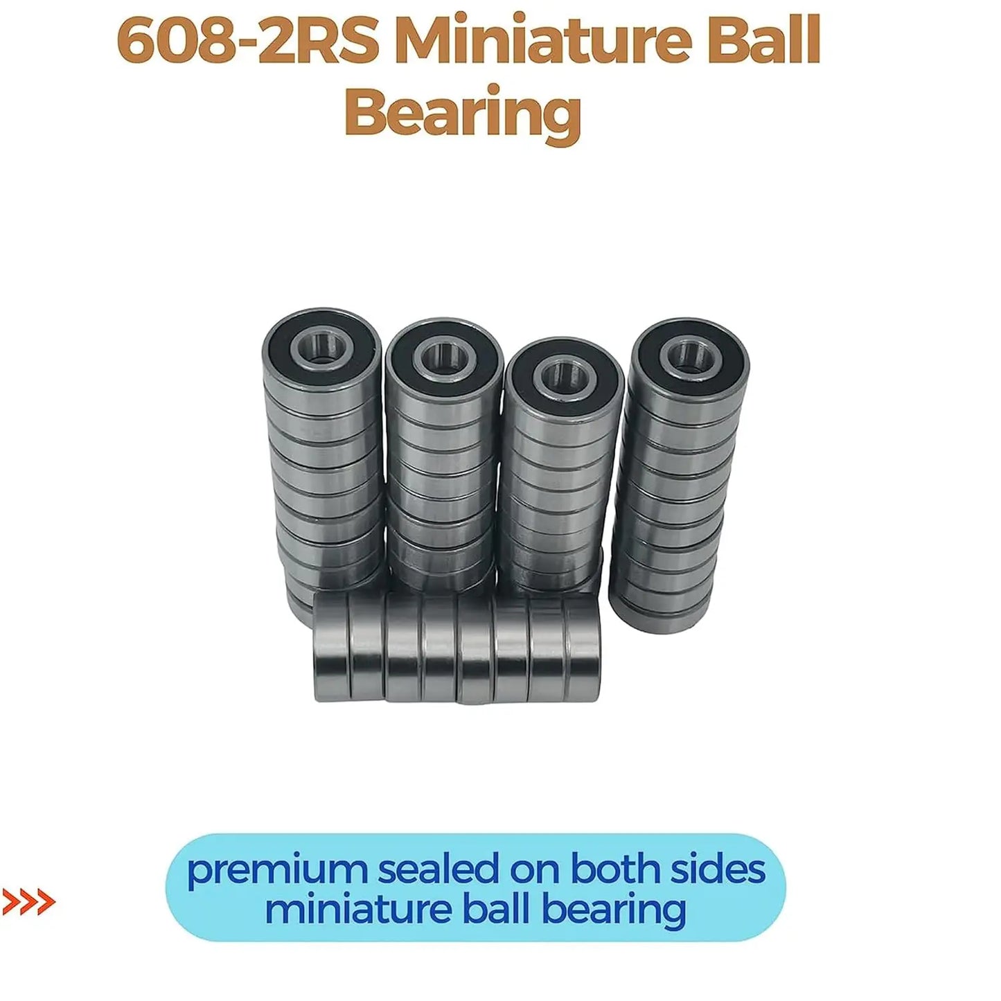 608 2RS Bearings, 50 Pack 608 Bearing, 8x22x7mm RS Ball Bearing Grease Seal Assembly Roller Skateboard Bearings, 8mm Small Bear