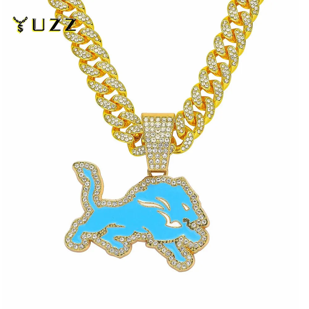 Men Women Hip Hop Blue Wolf Pendant Necklace With 13mm Crystal Cuban Chain HipHop Iced Out Bling Necklaces Fashion Charm Jewelry