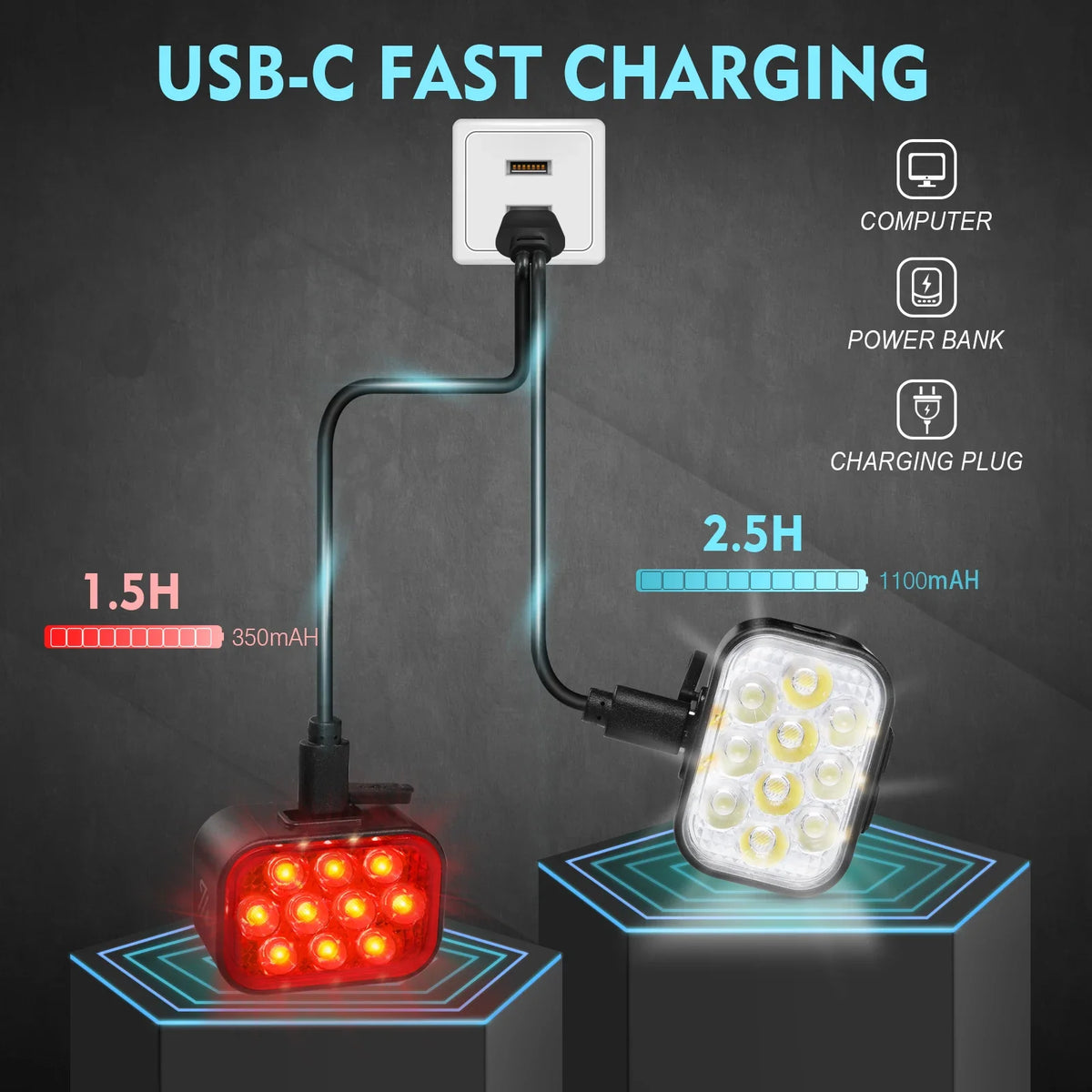 BUCKLOS USB Charge Bicycle LED Headlight Taillight Lightweight Bike Front Rear Lamp Waterproof Tail Lights Cycling Flashlight
