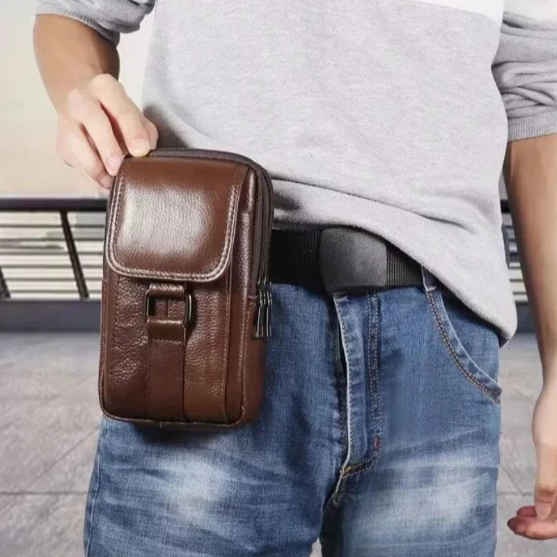 Men's Mobile Phone Waist Bag Outdoor Work Chest Bag PU Cigarette Case Key Chain Wear Belt Backpack Sport Hiking Portable Satchel