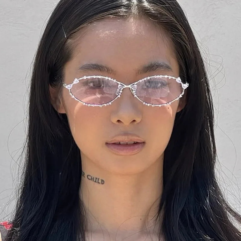 JNPCXI Retro Oval Punk Diamond Women Sunglasses Fashion Silver Shades UV400 Men Trending Sun Glasses