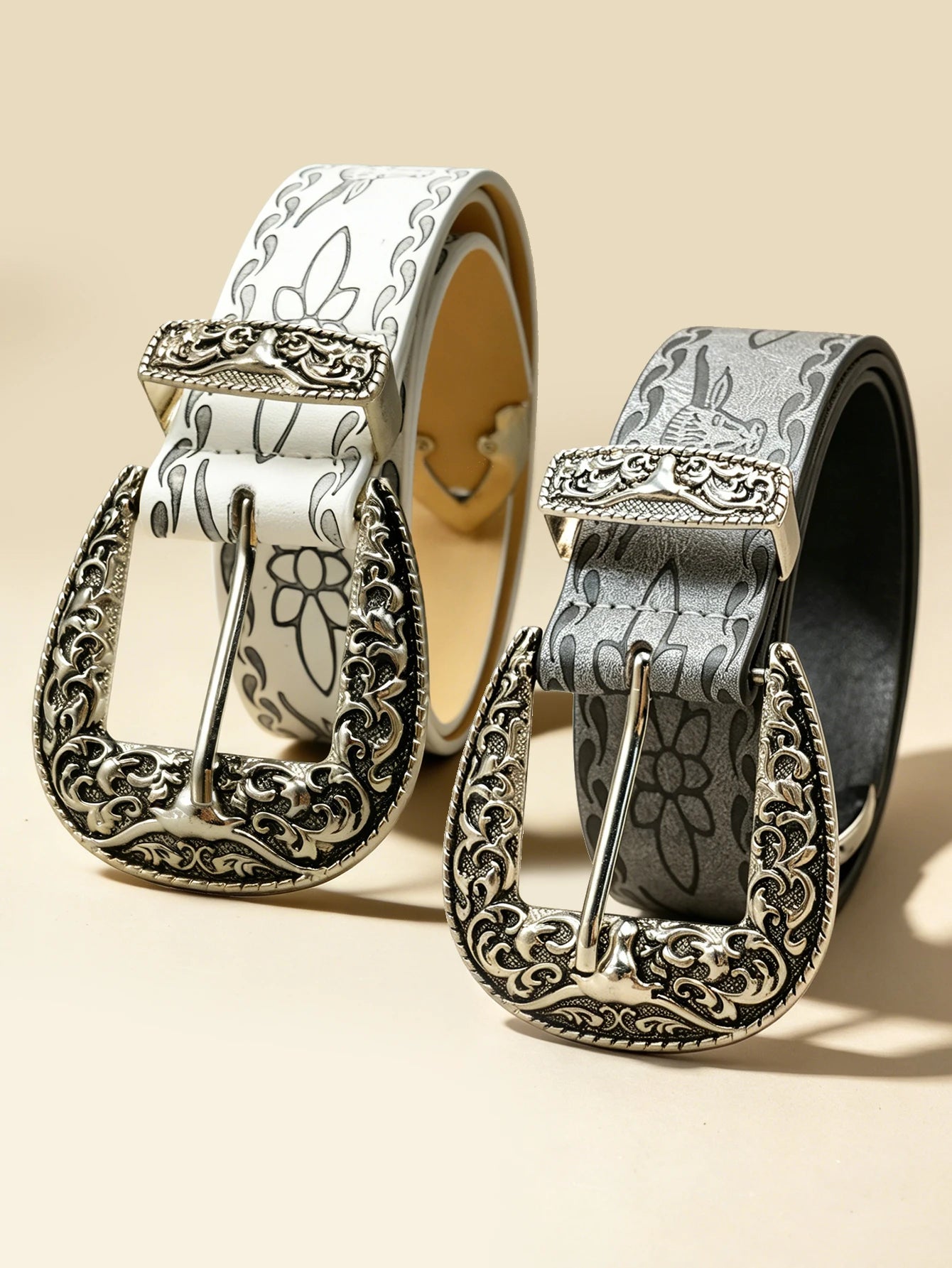 Western Style Bull Head Engraved Belt, Vintage Distressed Silver Buckle Unisex Cowboy Waistband