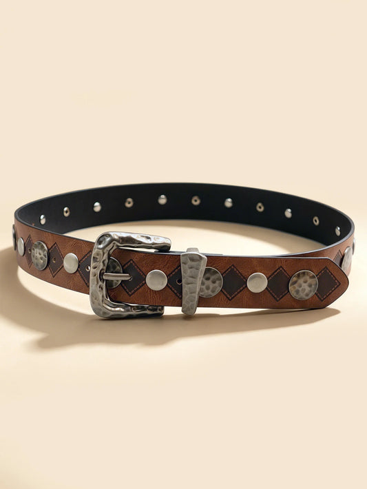 Western Hammered Buckle Rivet Belt, Vintage Brown Diamond Embossed Unisex Waistband
