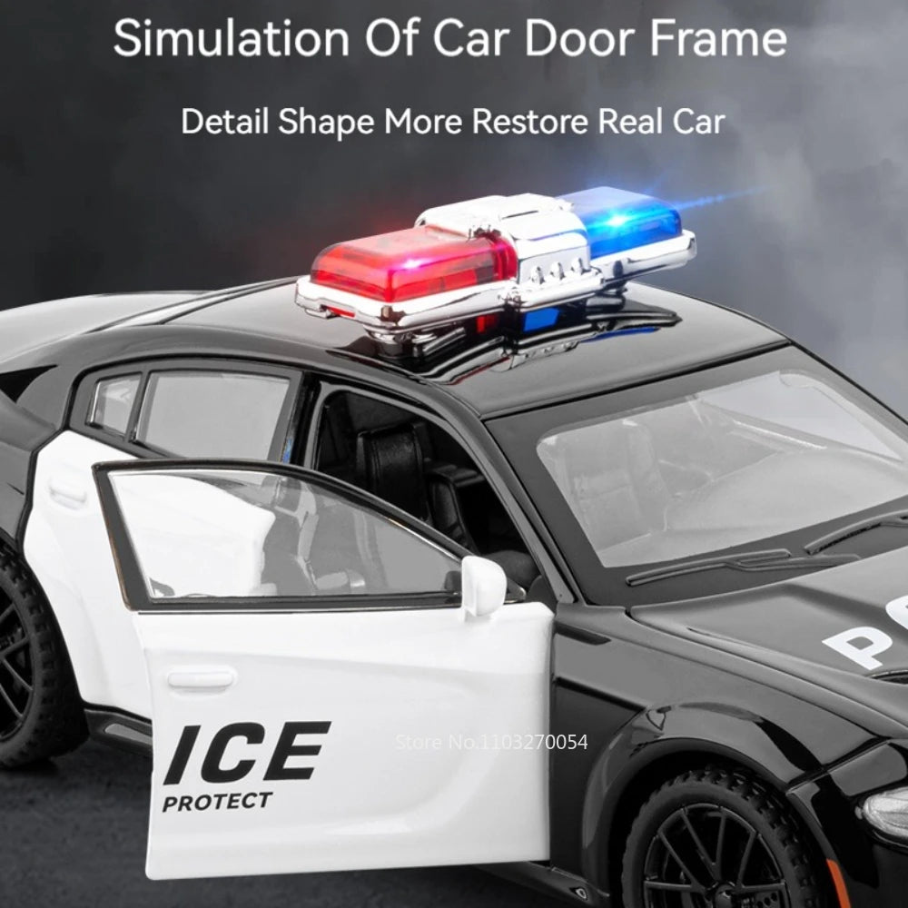 1:32 Charger 911 DaKar Alloy Police Car Model Miniature Toy Rear Wheel Return Force Light Music Door Opened Vehice Boy Xmas Gift