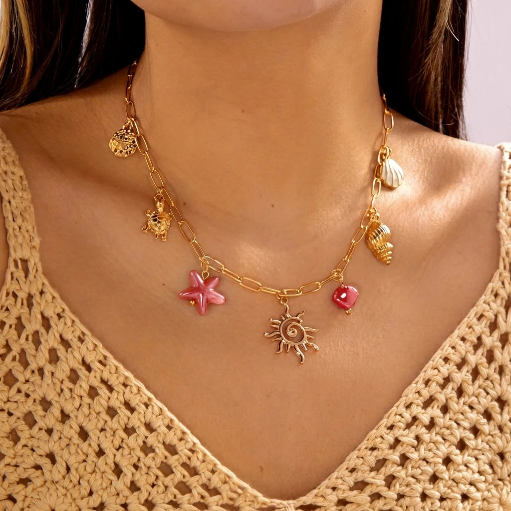 Bohemian Ocean Charm Necklace For Women Gold Tone Sun Starfish Turtle Shell Conch Summer Beach Jewelry