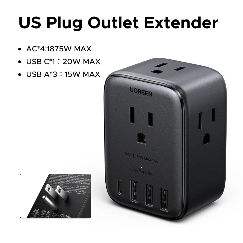 UGREEN Outlet Extender 20W Power Strip 4 AC Outlets 3 USB-A 1 USB-C Wall Charger for Home Office Travel 1875W 15A 125V