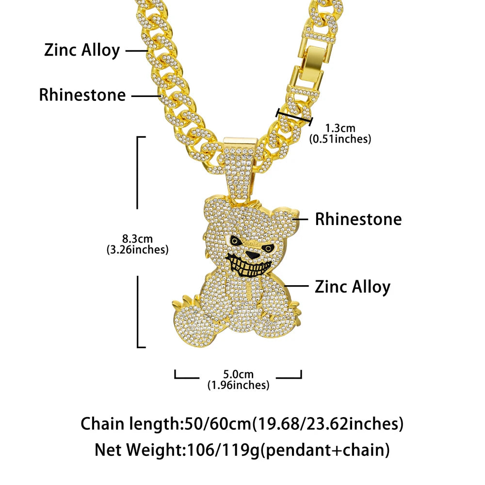 Men Women Hip Hop Bear Shape Pendant Necklace with 13mm Crystal Cuban Chain Iced Out Bling Bling Necklaces HipHop Punk Jewelry