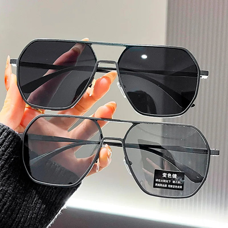 2PCS Square Polarized Photochromic Glasses Metal Frame for Men & Women Ideal for Driving