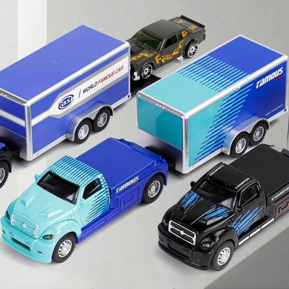 1:64 Container Trailer Alloy Diecast Model Toys Car Tailgate Can Be Lowered Pull Back Miniature Vehices Children's Surprise Gift