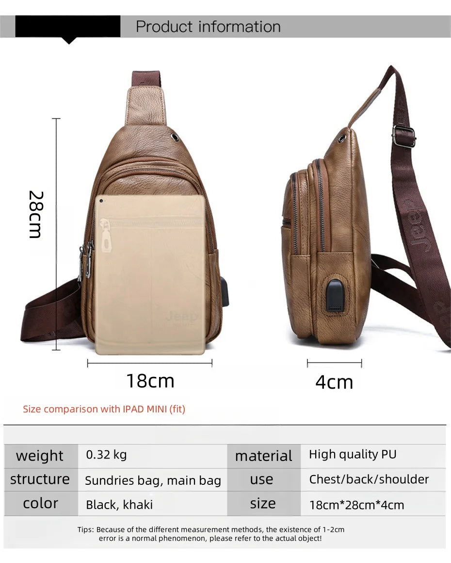 JEEP BULUO Men Crossbody Shoulder USB Sling Bag Fashion Leather Travel Bags