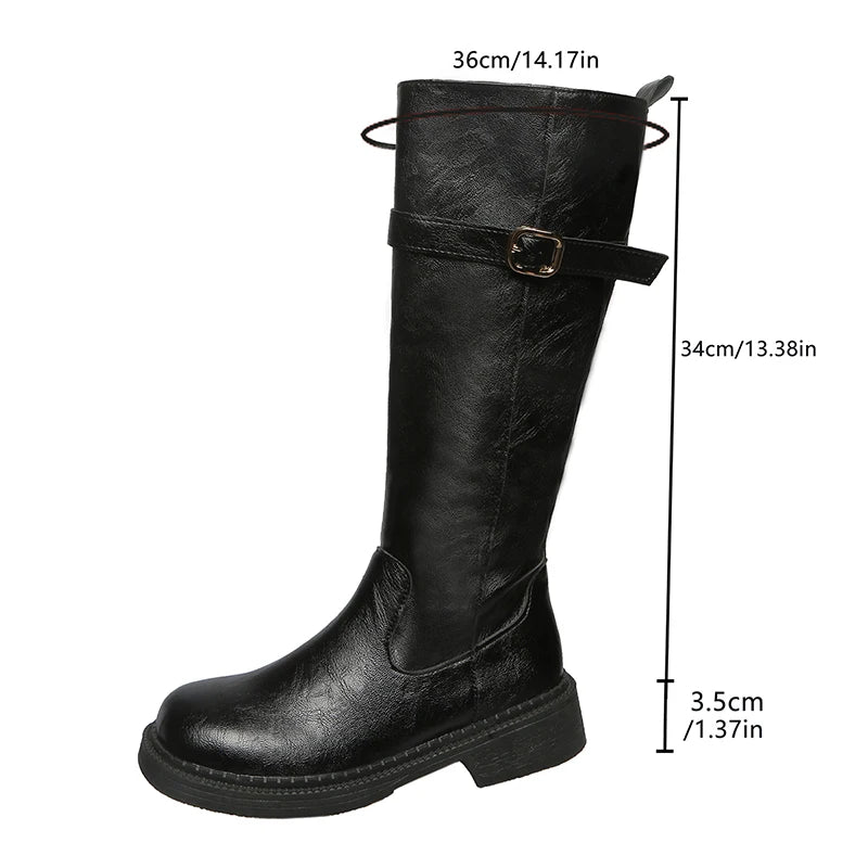 Fashion Buckle Platform Knee High Boots Women Side Zipper Pu Leather Long Boots Woman Wide Toe Thick Sole Riding Botas Mujer