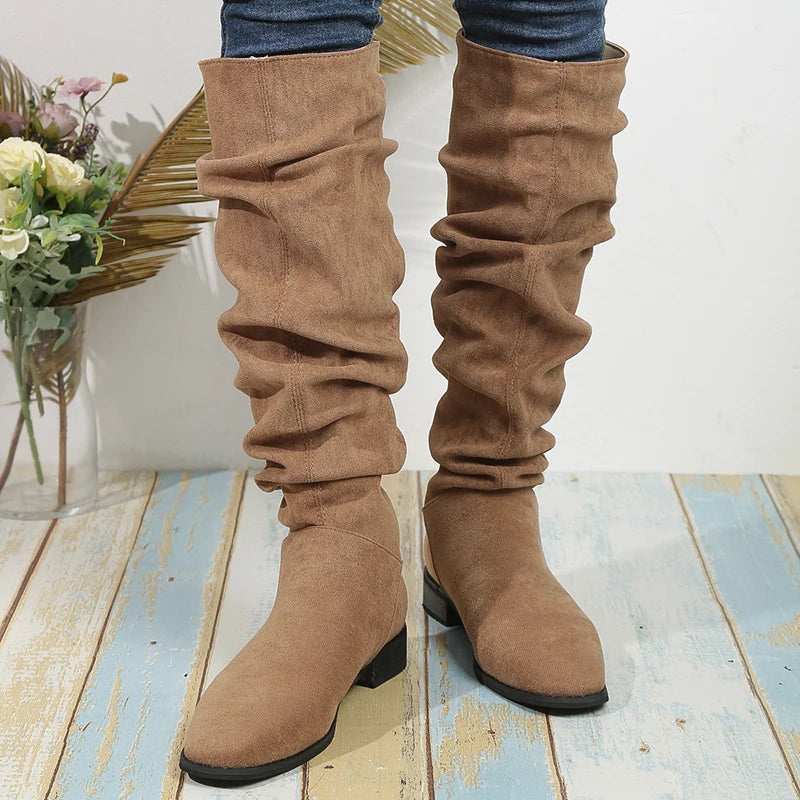 Vintage Faux Suede Knee High Boots Women 2025 New Thick Heeled Pleated Long Boots Woman Autumn Winter Slip On Tall Botas Mujer