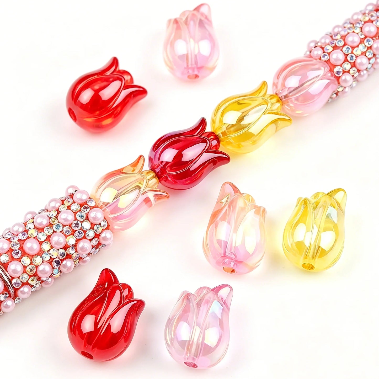 20pcs Random Mix Transparent Tulip Beads Flower Acrylic Beads for Bracelet ,Phone Chain Accessories