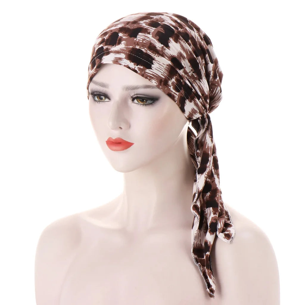 Trendy Print Women Muslim Hijab Caps Wrap Head Soft Elastic Long Tail Turban Bonnet Fashion Headdress Wearable