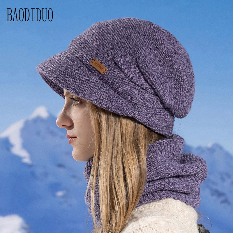 Xinbaoguan 100% Acrylic 8416 Winter Warm and Fleece Cold Protection Set for Women with brimmed Ear Protection Knitted Wool Hat