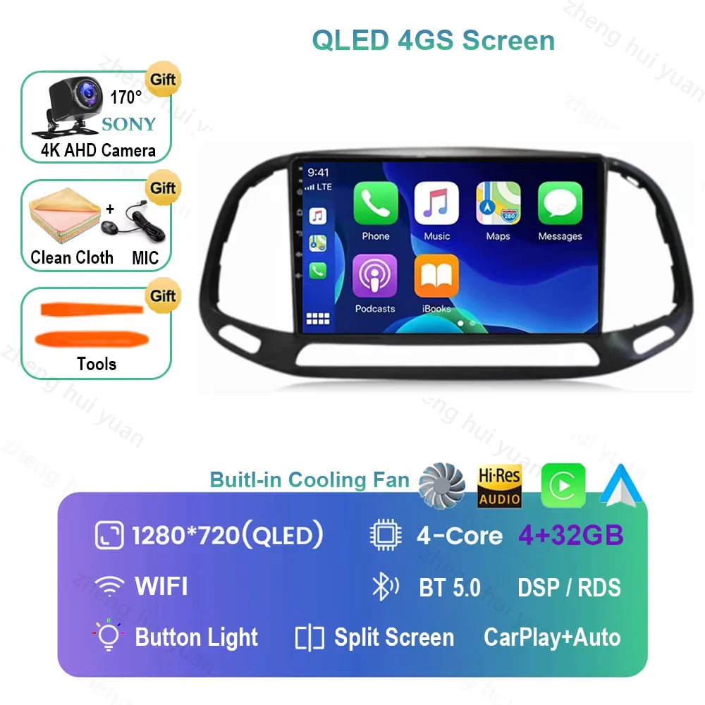 For Fiat Doblo 2015 - 2018 2019 2020 Android 16 GPS WIFI 4G Carplay&Auto Car Radio Navigation QLED Multimedia Stereo Player BT