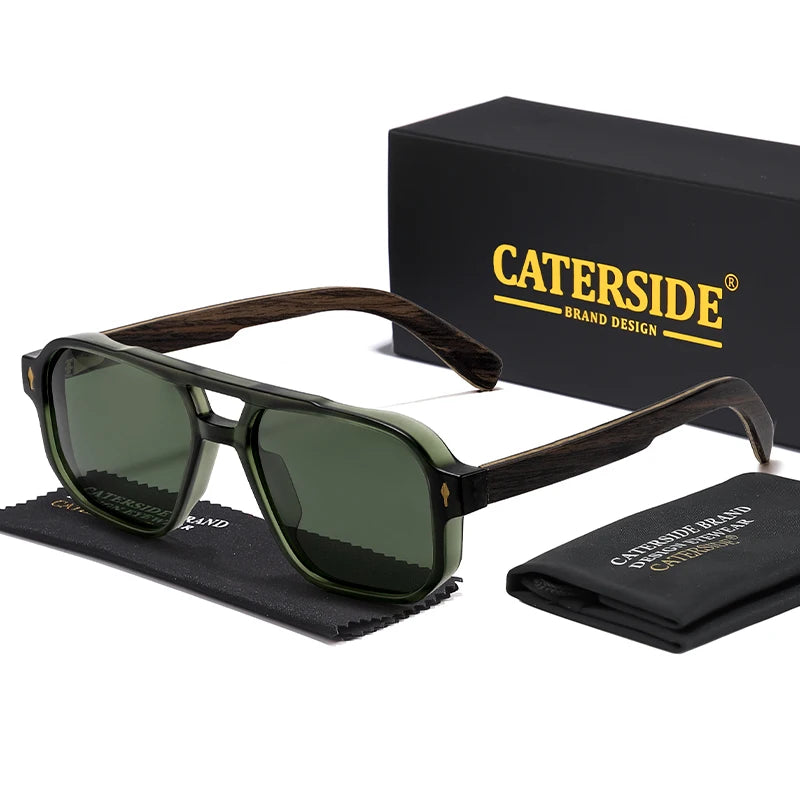 CATERSIDE Men's Polarized Pilot Sunglasses UV400 Premium Tr Frame & Wood Temple Retro Square Sun Glasses for Driving Fishing
