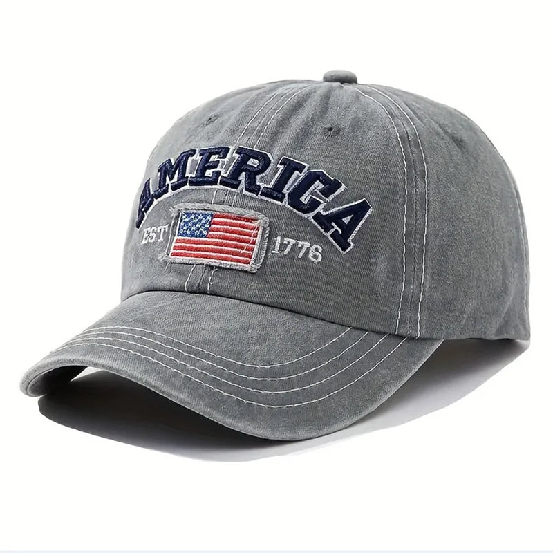 Vintage USA Flag Embroidered Baseball Cap - Bold Letter Distressed Wash Sun Hats