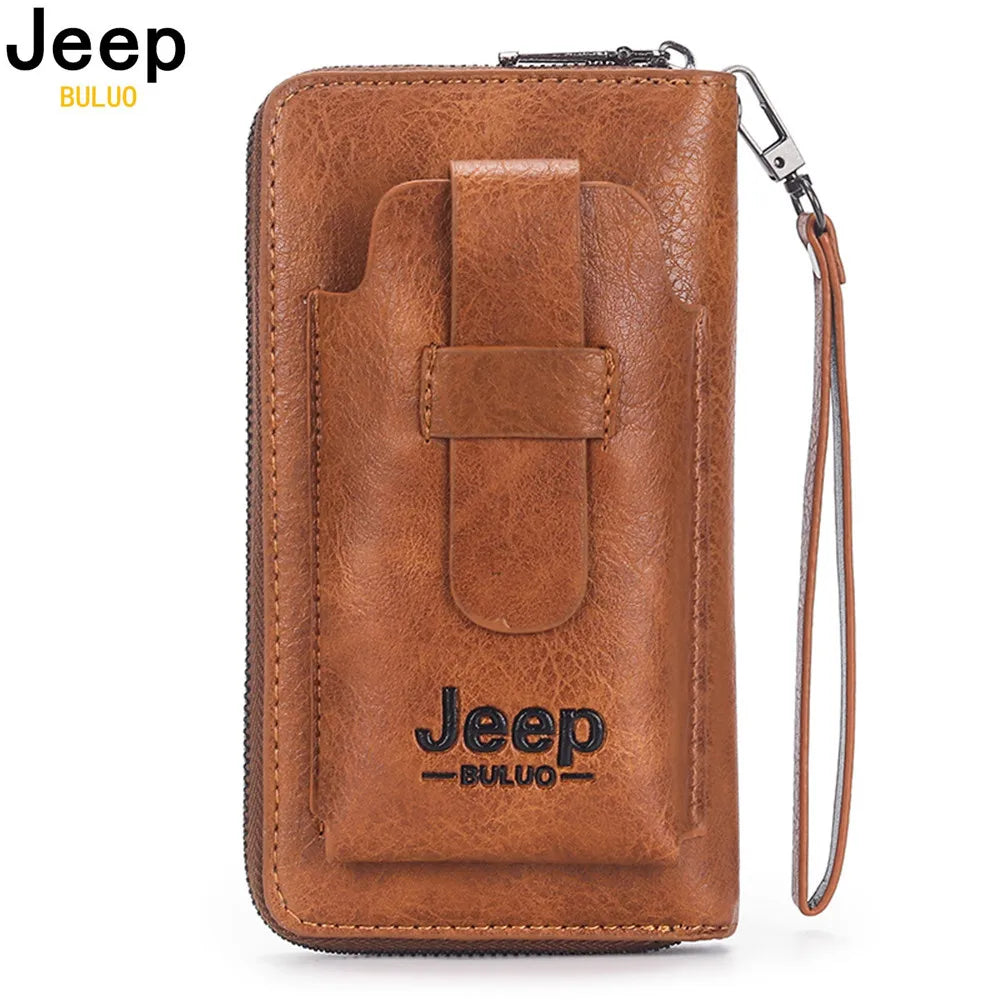 JEEP BULUO Leather Brand Purse Phone Double Zipper Luxury Wallet Clutch Bag