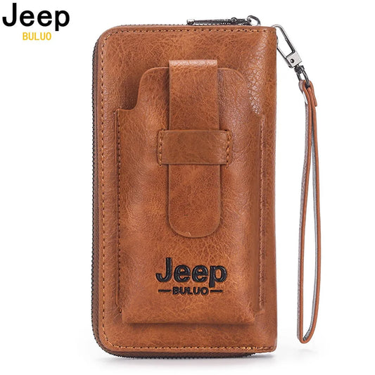 JEEP BULUO Leather Brand Purse Phone Double Zipper Luxury Wallet Clutch Bag